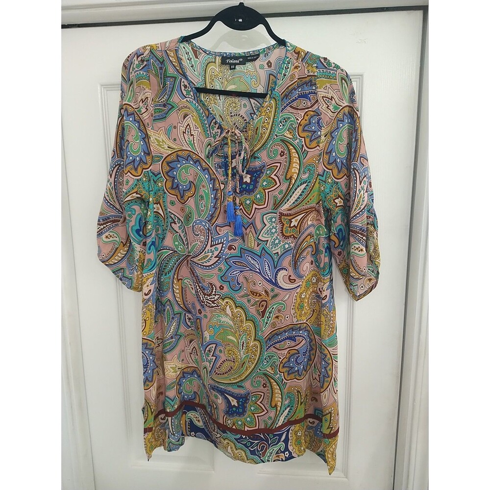 Tolani 100% Silk Paisley Mini Dress Xs Boho Cottage Core Beachy Hippie